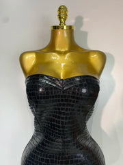Strapless Crocodile-Embossed Bodycon Midi Dress