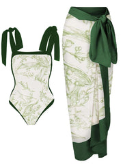 Floral Print Tie-Strap Bikini and Sarong Set