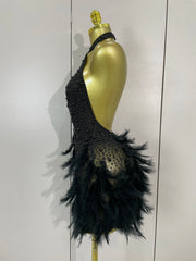 Beaded Feather Halter Sequin Mini Dress