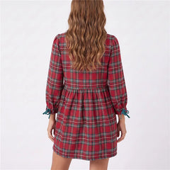 Plaid Mock Neck Long Sleeve Bow Collar Mini Dress