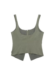 Solid Square Collar Sleeveless Pockets Zipper Tops