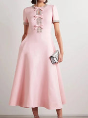 Diamond Edge Bowknot Short Sleeve  Pink Midi Dress