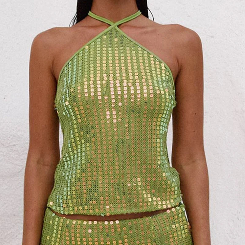 Green sequin halter crop top