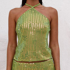 Green sequin halter crop top