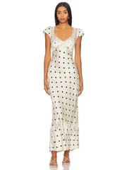 Satin Polka Dot Cap Sleeve Maxi Dress