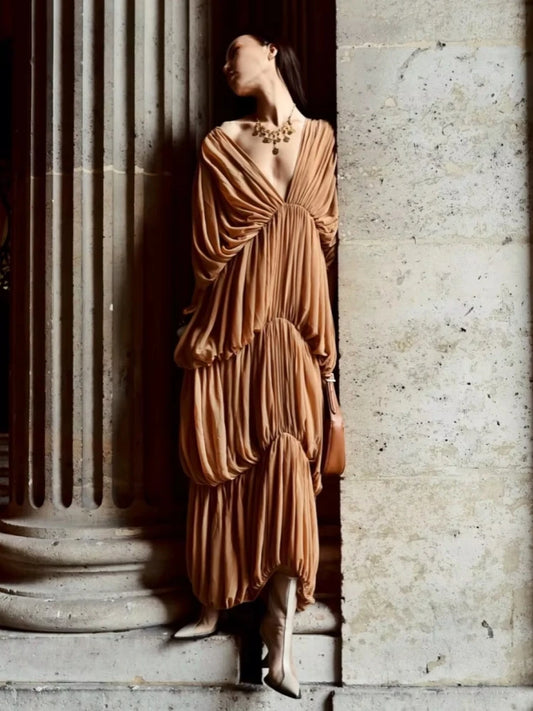 Draped ruched v-neck maxi dress detail