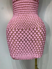 Pink Sequin Beaded Halter Mini Dress