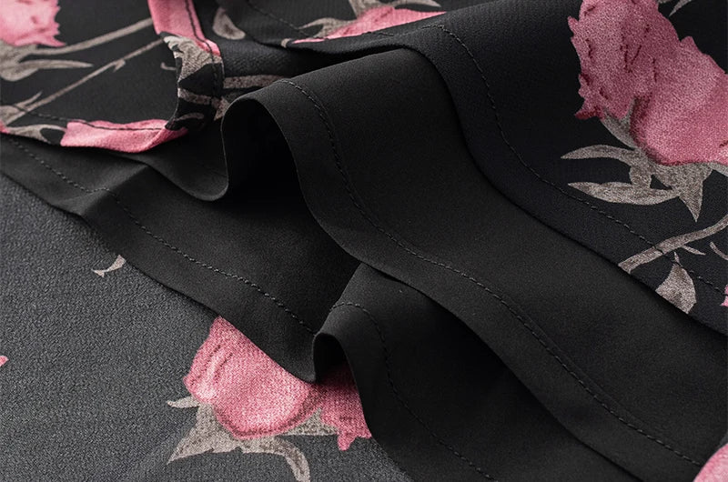 Close-up of fabric texture and hem on floral print maxi dress