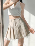 Khaki Pleated Lace Trim Preppy Style Button Up Mini Skirt