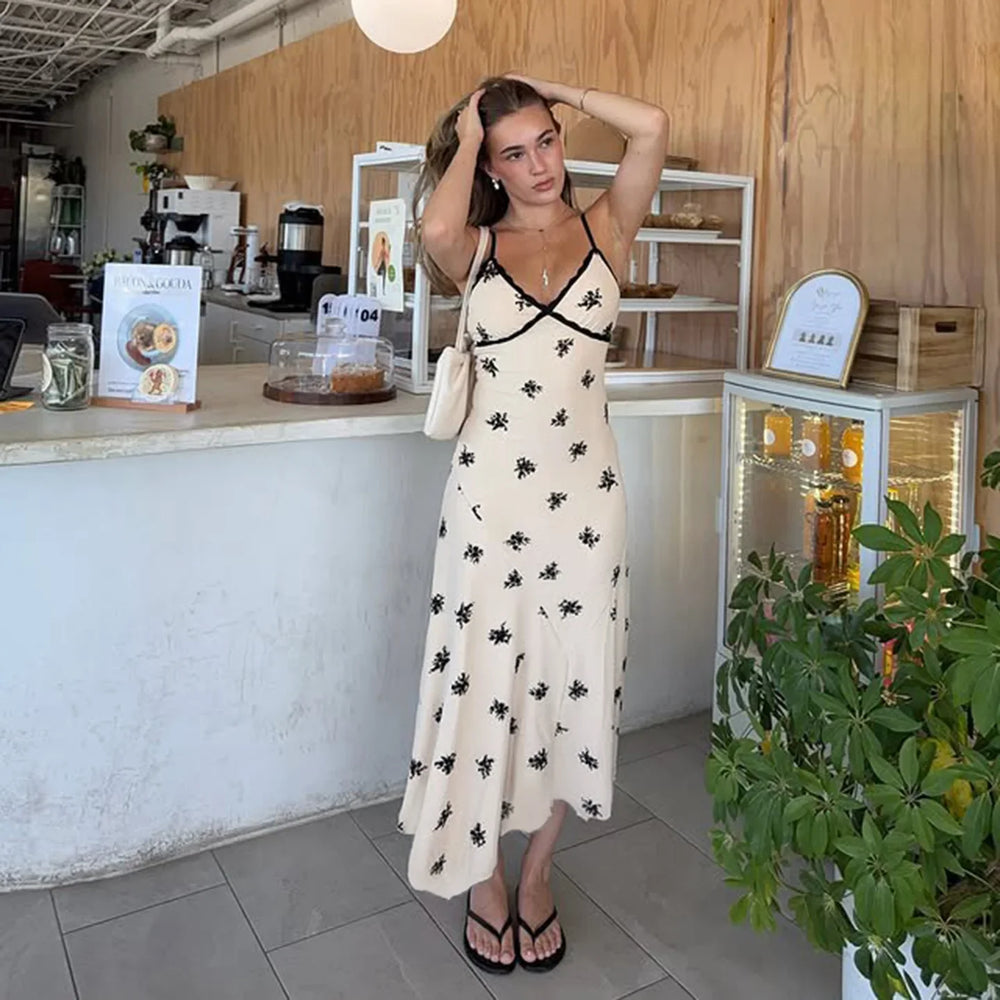 Summer lace print A-line dress with V-neck and spaghetti straps