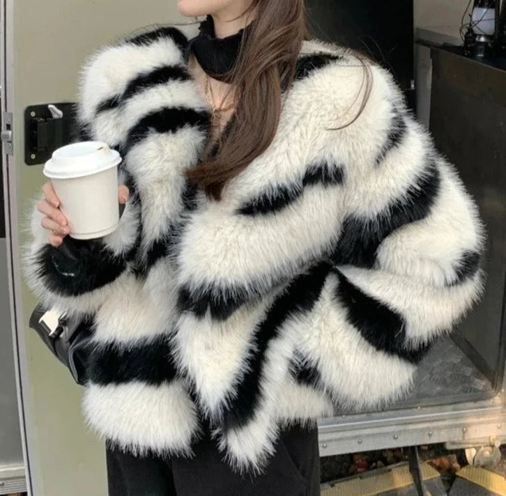 Fluffy Zebra Fur Coat Women Thick Warm Overcoats