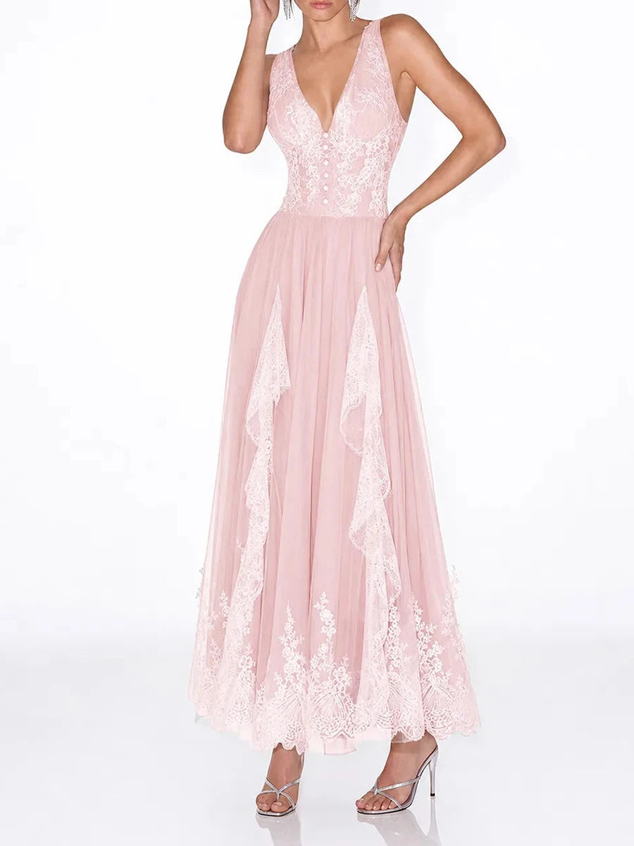 Pink lace v-neck sleeveless maxi dress