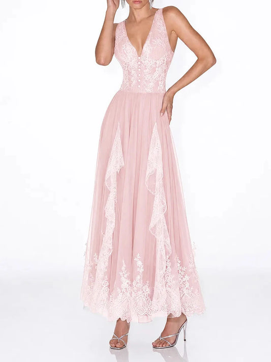 Pink lace v-neck sleeveless maxi dress