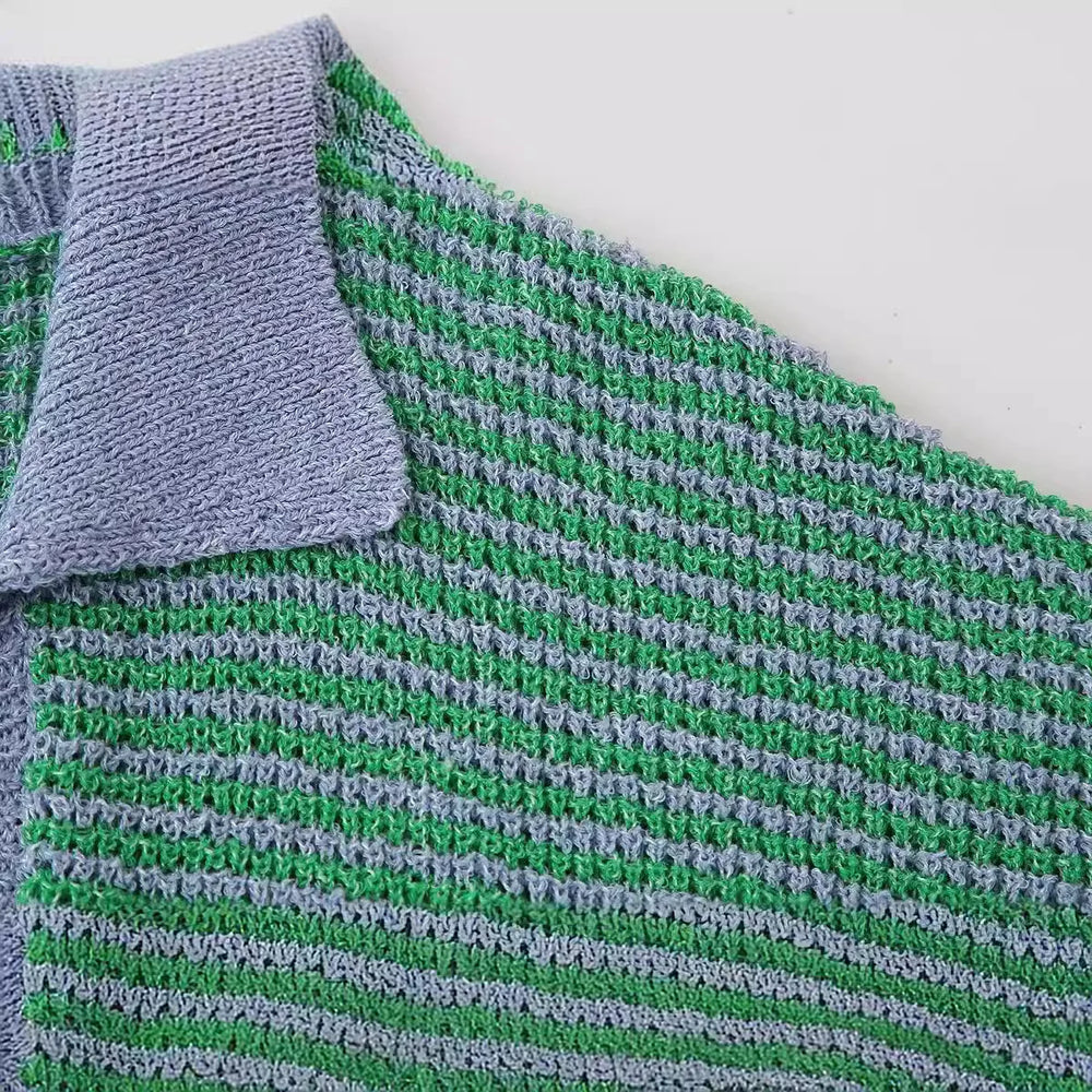 Close-up of the knit texture and collar of the green and blue set
