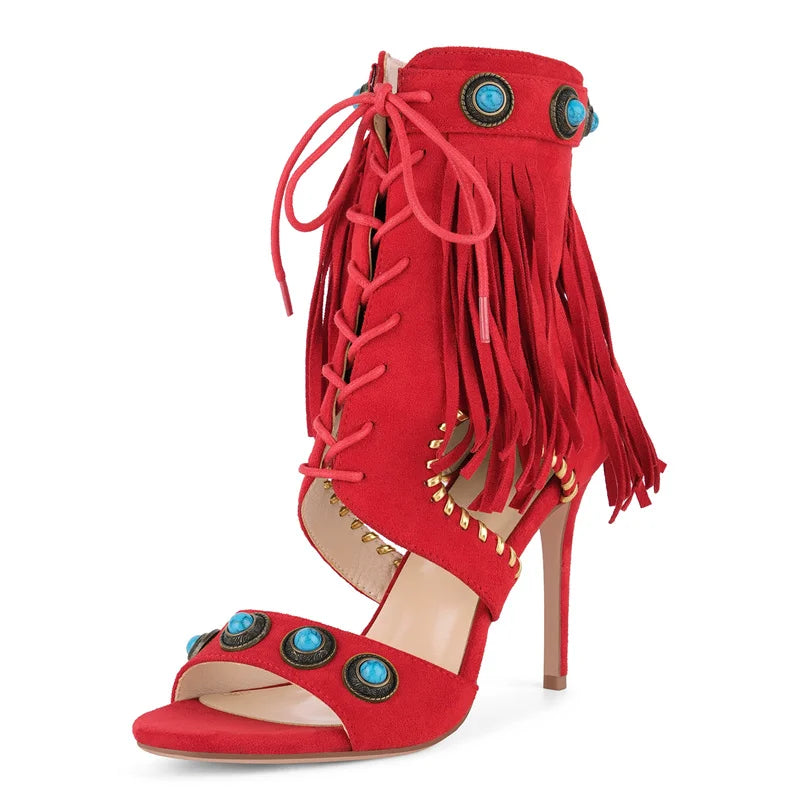Red fringe jewel embellished stiletto boots angled view