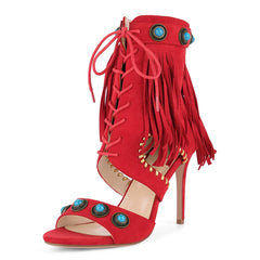 Red fringe jewel embellished stiletto boots angled view