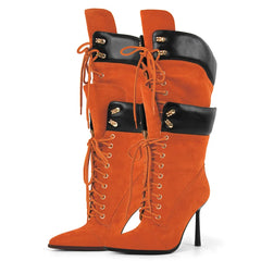 Pointed Toe Lace Up Mid Calf Boots