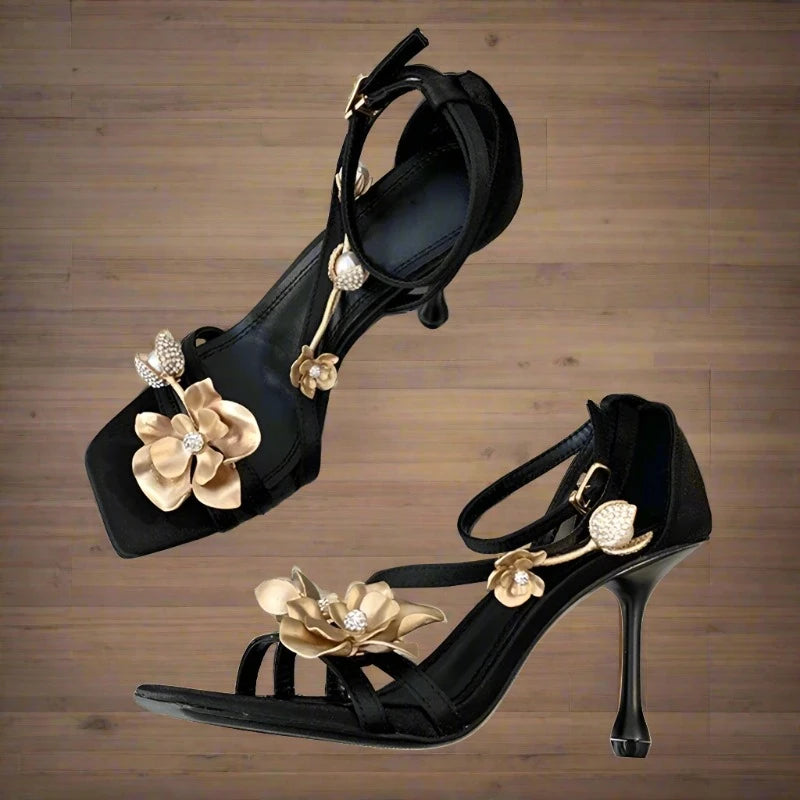Flower Thin Heels Open Toe Buckle Strap Stripper Shoes