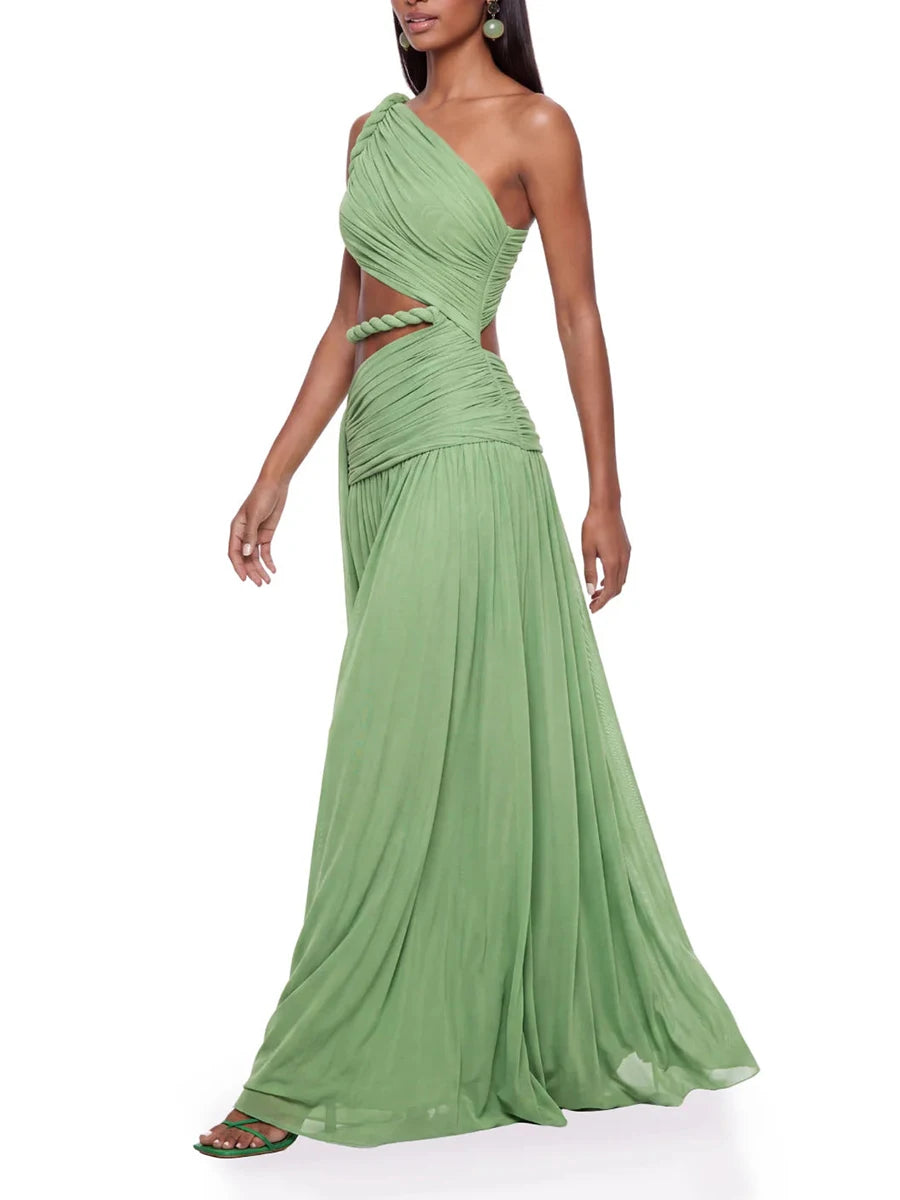 One-shoulder cutout maxi dress in green, walking pose