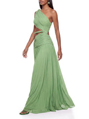 One-shoulder cutout maxi dress in green, walking pose