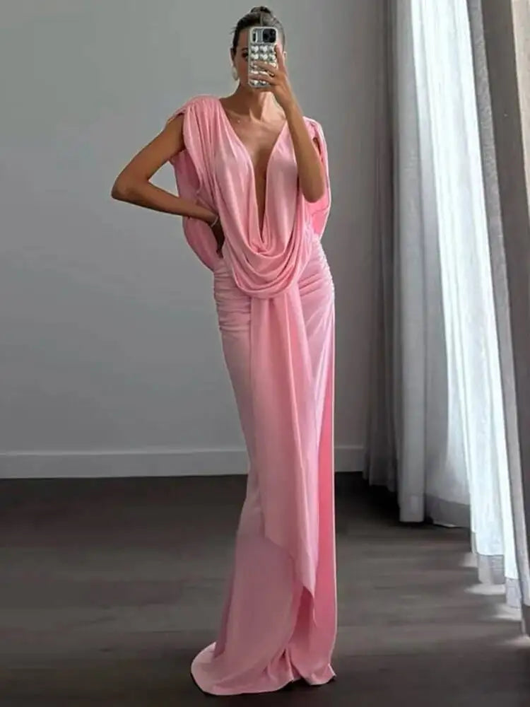 Pink draped plunge neckline maxi dress.