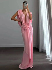 Pink draped plunge neckline maxi dress.