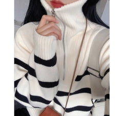 Zipper Knitted Long Sleeve Stripe Women's Turtleneck Sweater