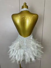 Beaded Feather Halter Sequin Mini Dress