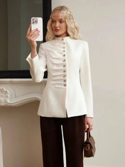 Ruched Pleated Buttoned Mandarin Collar Blazer