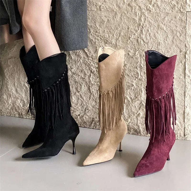 Fringe Thin High Heels Knee-High Boots from Golden Atelier, showcasing the full boot and fringe detail.