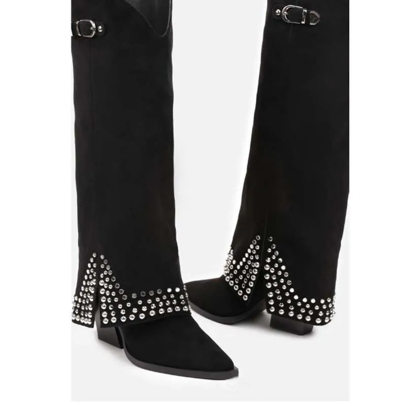 Pair of black suede knee-high boots with pointed toe and silver stud embellishments