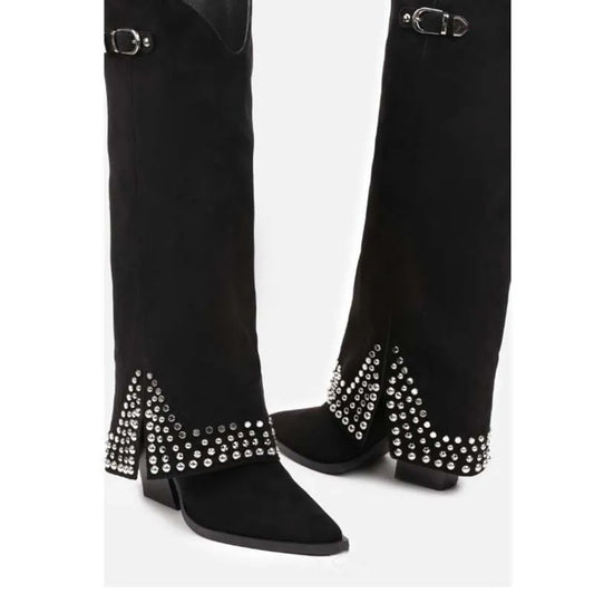 Pair of black suede knee-high boots with pointed toe and silver stud embellishments