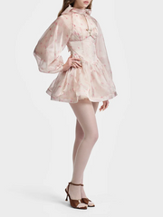 Pink Floral Puff Sleeve High Neck Scarf Mini Dress