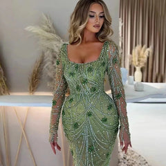 Green Mermaid Beaded Square collar Formal Long Gowns 