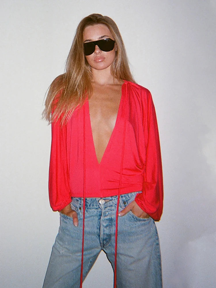 Tie neck long sleeve red top