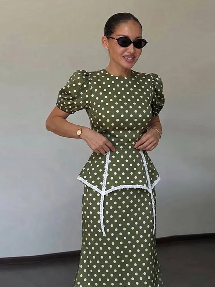 Green polka dot puff sleeve peplum midi dress