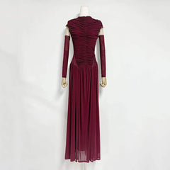 Ruched O-neck Detachable Long Sleeve Maxi Dress