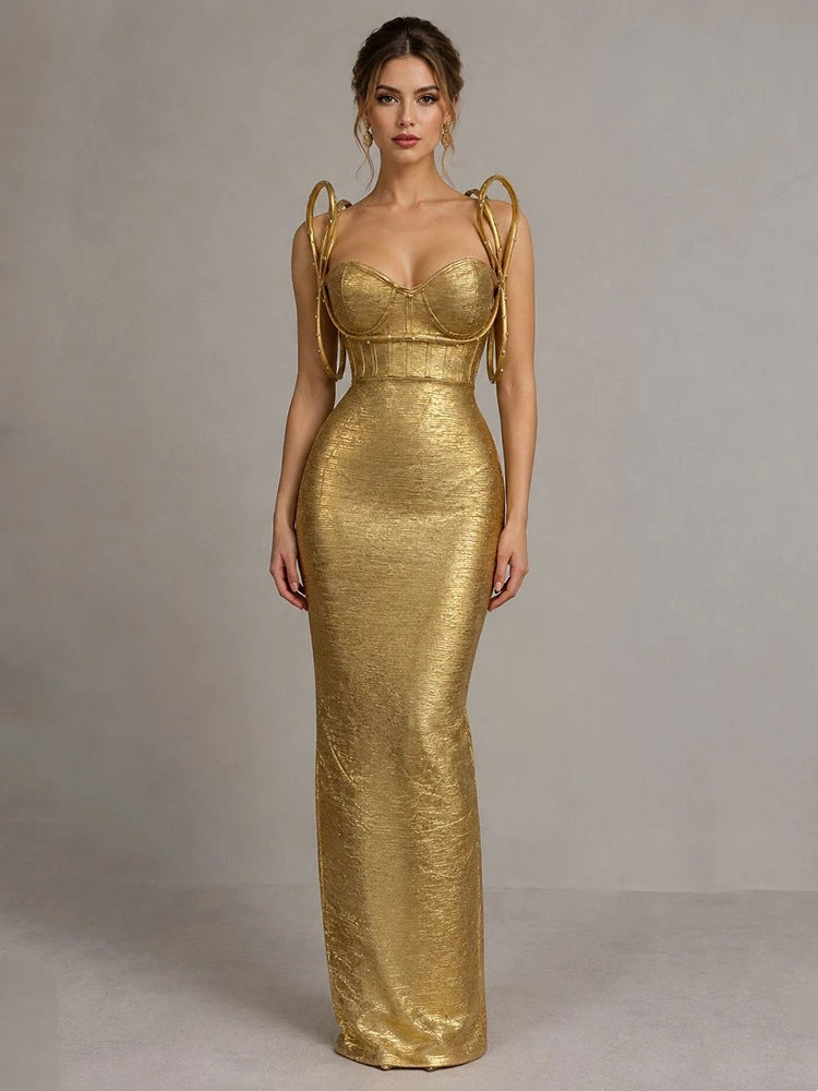 Gold metallic spaghetti strap sheath dress