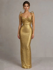 Gold metallic spaghetti strap sheath dress