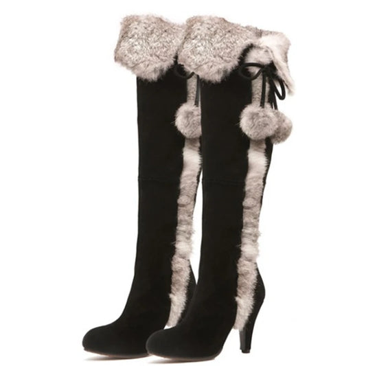 Black fur trimmed over the knee boots with pom poms