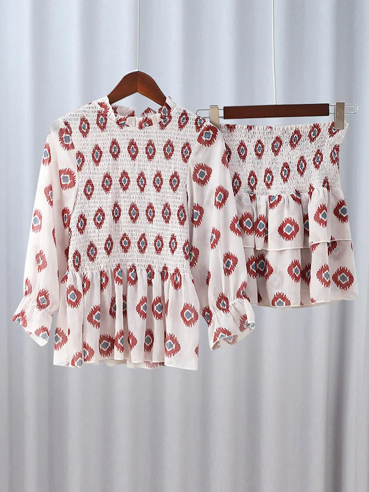 Printed Puff Half Sleeve Shirt and Pleated Mini Skirt Suit