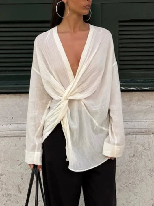 Twisted V-Neck Long Sleeve Shirt with knot detail