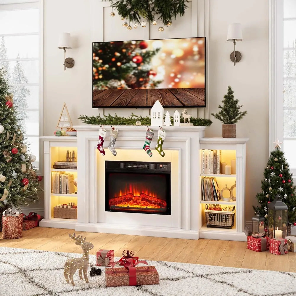 72-inch LED lights electric fireplace with 80-inch mantel and entertainment center storage, modern style, U.S. Origin.