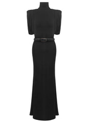 Black Turtleneck Padded Shoulder Belted Maxi Dress