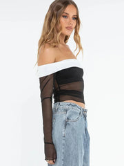 Lace Splice Low Neck Off The Shoulders Sheer Top