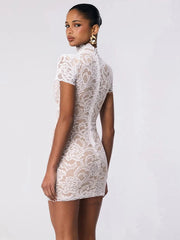 Lace Short Sleeve Turtleneck Bodycon Mini Dress