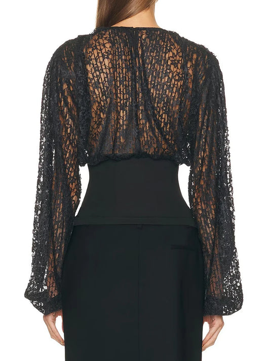 Black sheer blouse with long sleeves on a white background