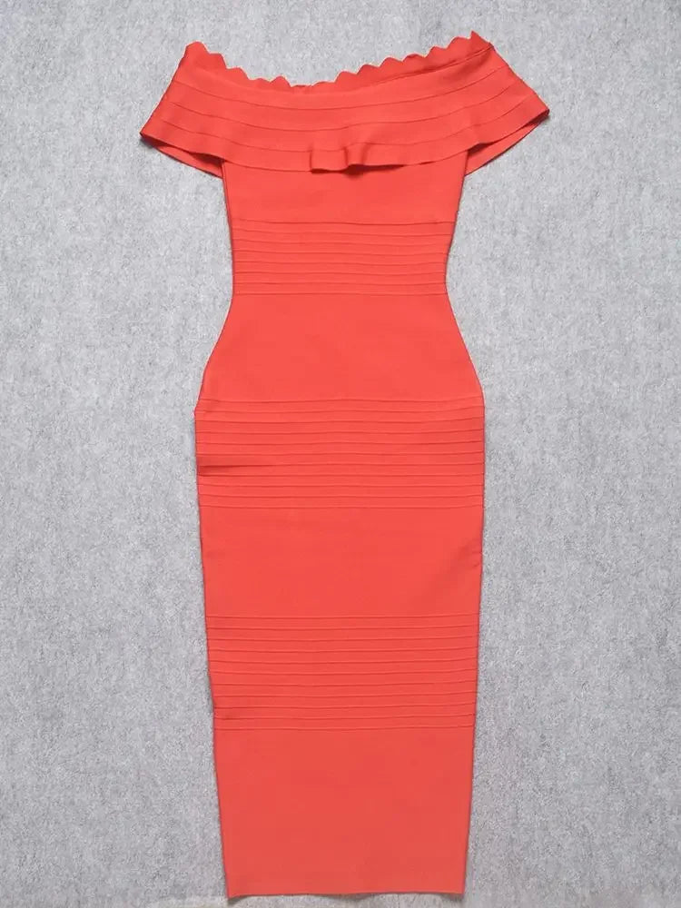 Red off-shoulder dress on a gray background