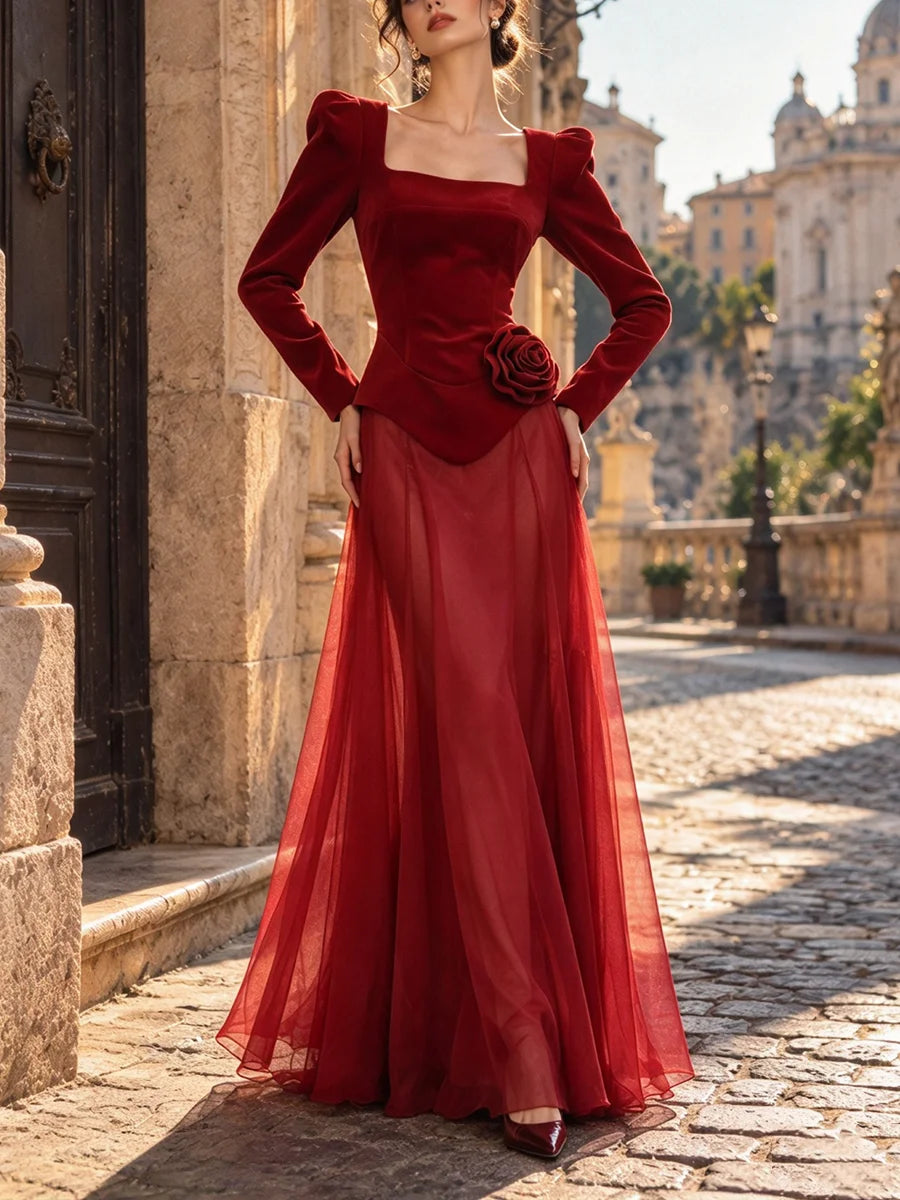 Model wearing a velvet maxi dress outdoors