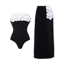 Strapless Swimsuit and High-Waist Maxi Skirt Set with Floral Appliqu��s
